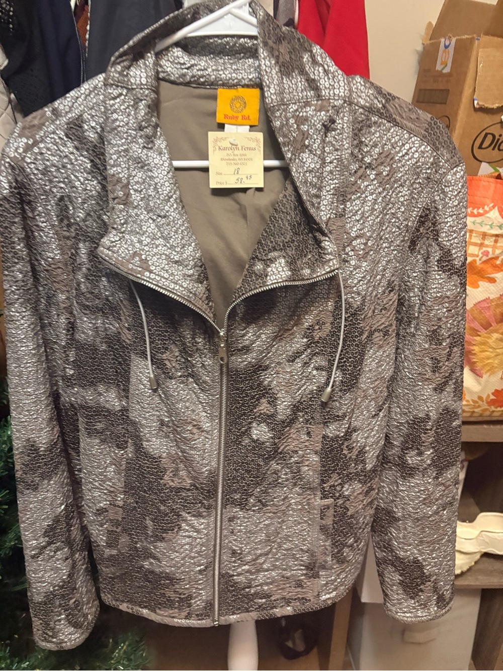 Ruby Rd. Gray Patterned Lightweight Bomber Jacket - Picture 3 of 10